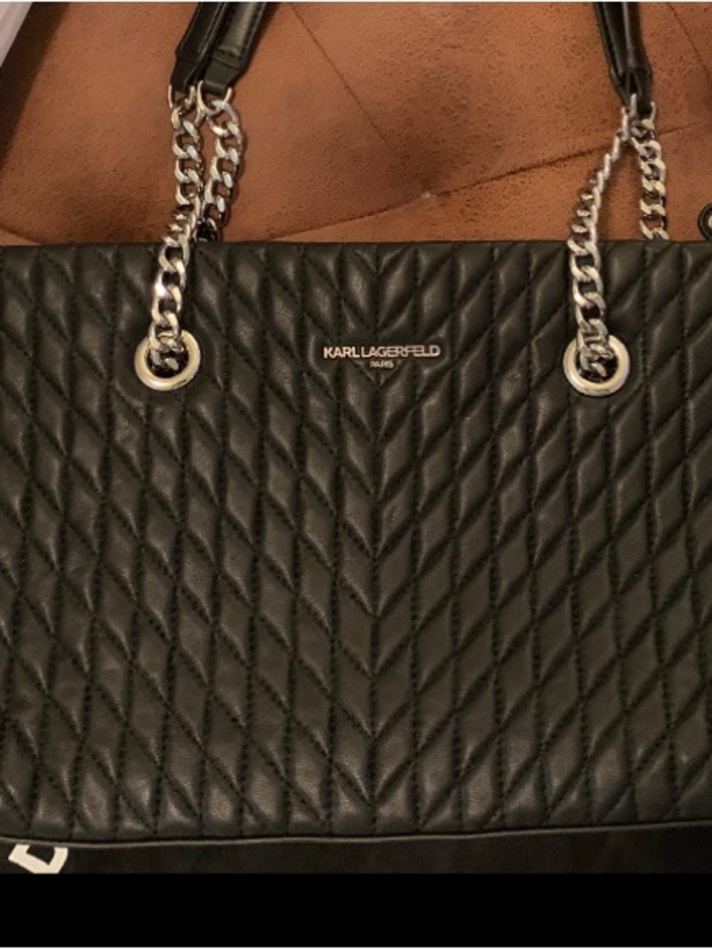 Karl Lagerfeld Black Quilted Chevron Tote with Chain Straps - Picture 3 of 16